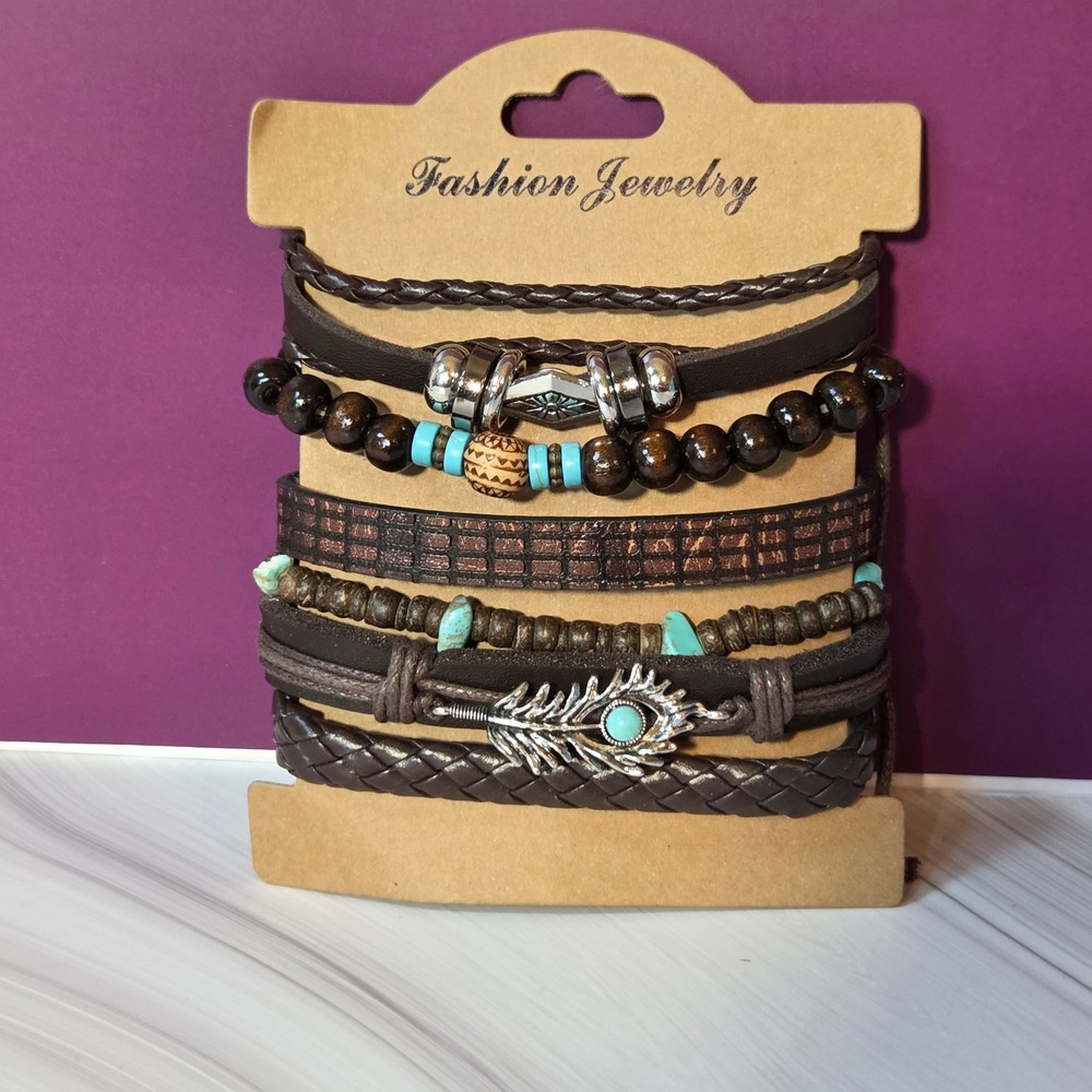 Leather‎ Stack Multi Layer Bracelet Set Unisex OS Leather Wood Bead Boho Tribal